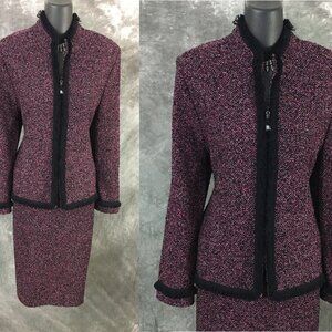 BEAUTIFUL St John collection knit pink black multi jacket skirt suit size 12